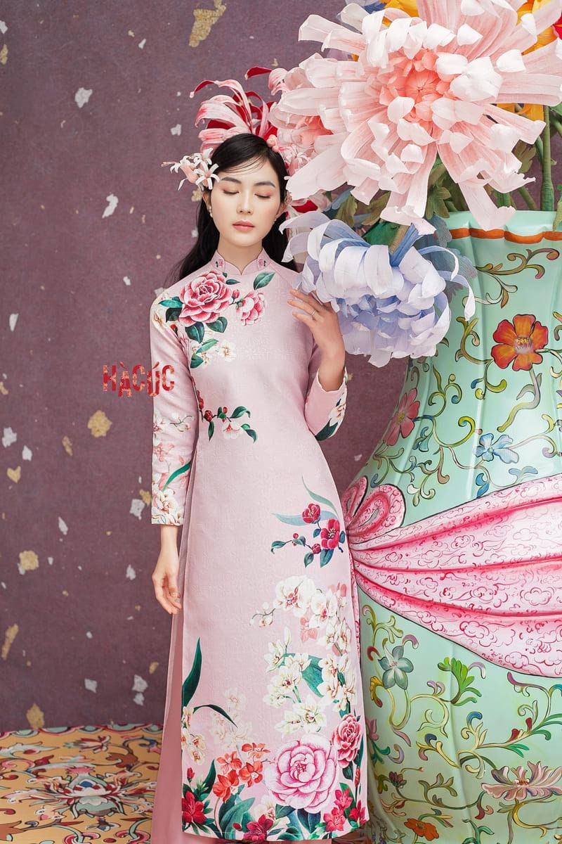 Designer Gam Ao Dai Set: Pink Peonies | Ao Dai Gam | Pre-made Silk Vietnamese Traditional Long Dress | Ao Dai Cach Tan | Lunar New Year