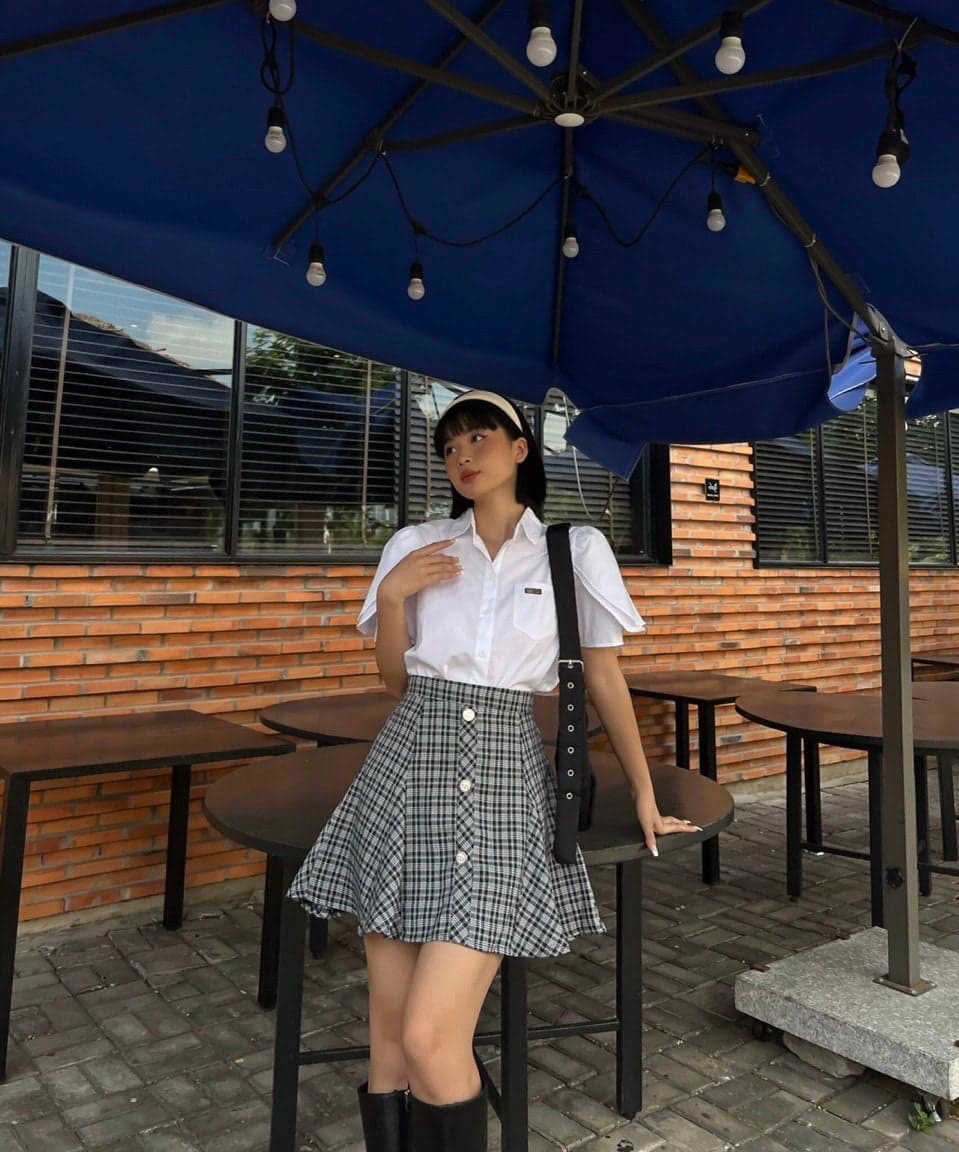 Plaid Skirt Set: White Blouse and Plaid Skirt Set