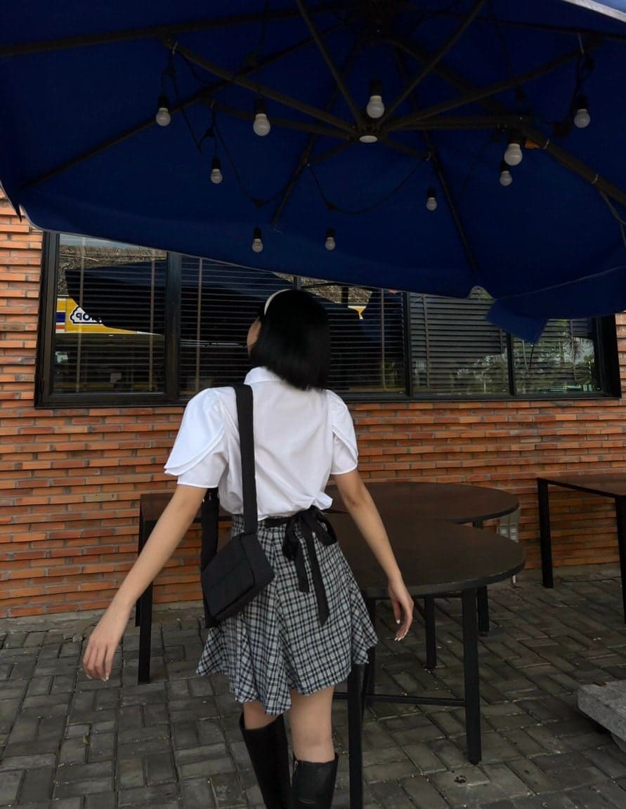 Plaid Skirt Set: White Blouse and Plaid Skirt Set