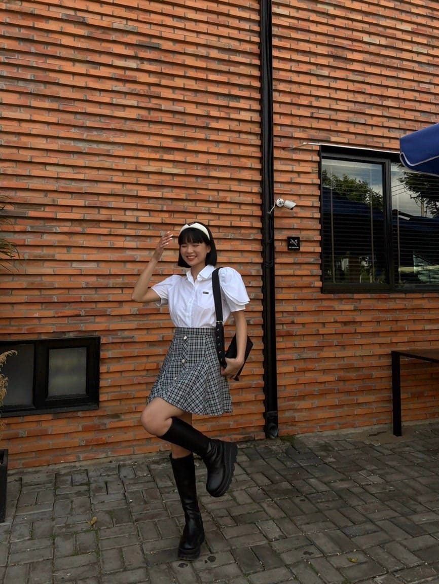 Plaid Skirt Set: White Blouse and Plaid Skirt Set