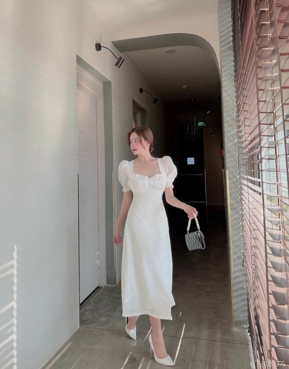 White Midi Slit Dress with Chiffon Details