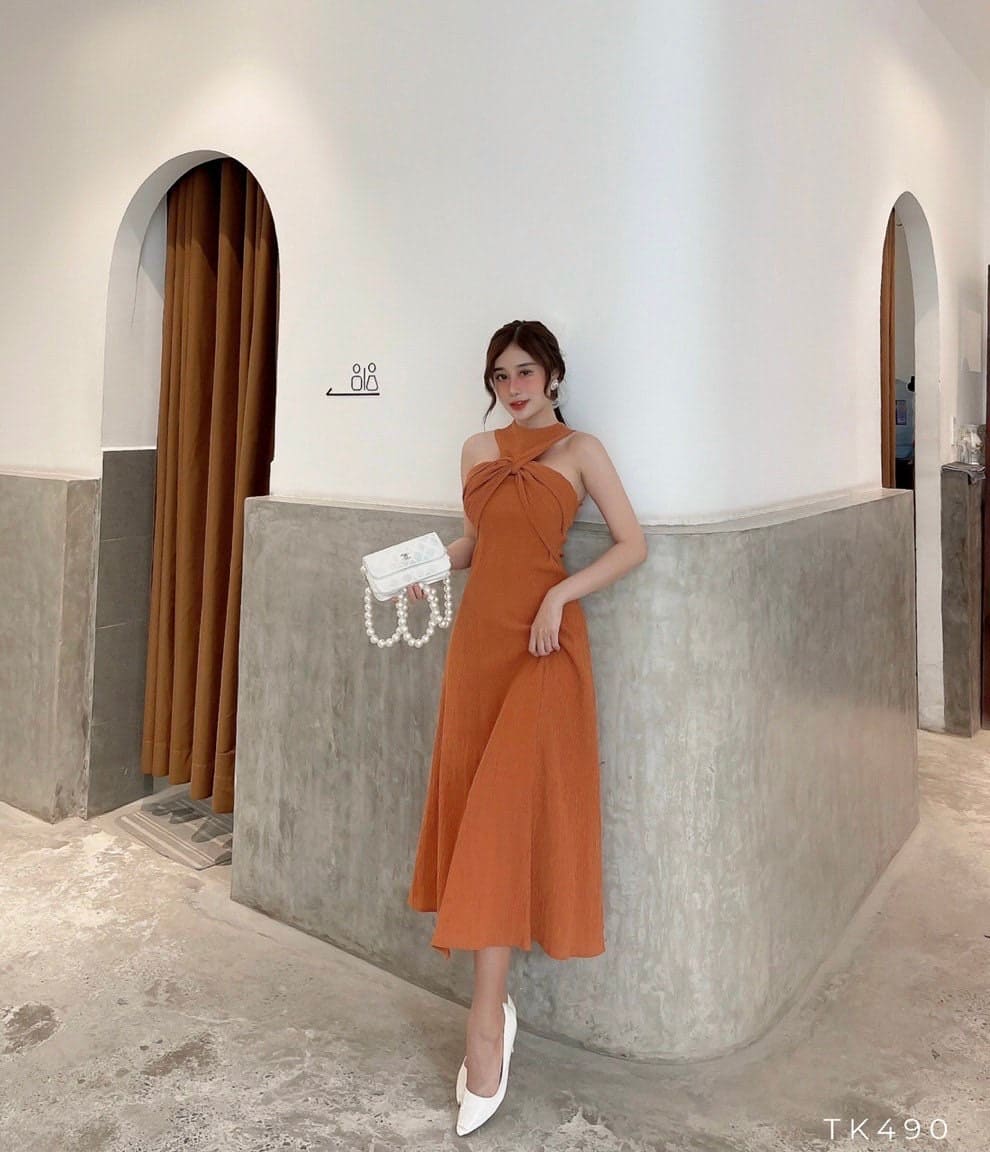 Halter Midi Dress with Chest Design S Halter Midi Dress with Chest Design S