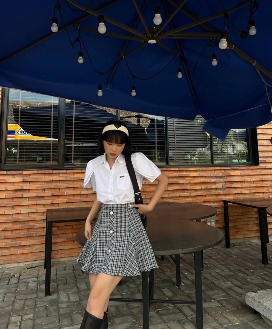Plaid Skirt Set: White Blouse and Plaid Skirt Set
