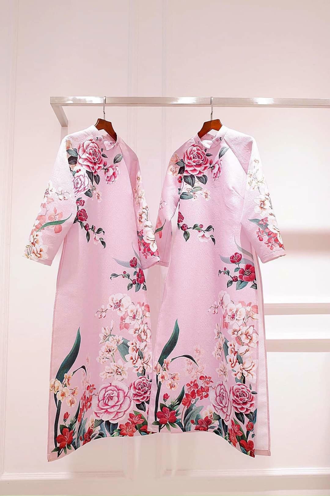 Designer Gam Ao Dai Set: Pink Peonies | Ao Dai Gam | Pre-made Silk Vietnamese Traditional Long Dress | Ao Dai Cach Tan | Lunar New Year