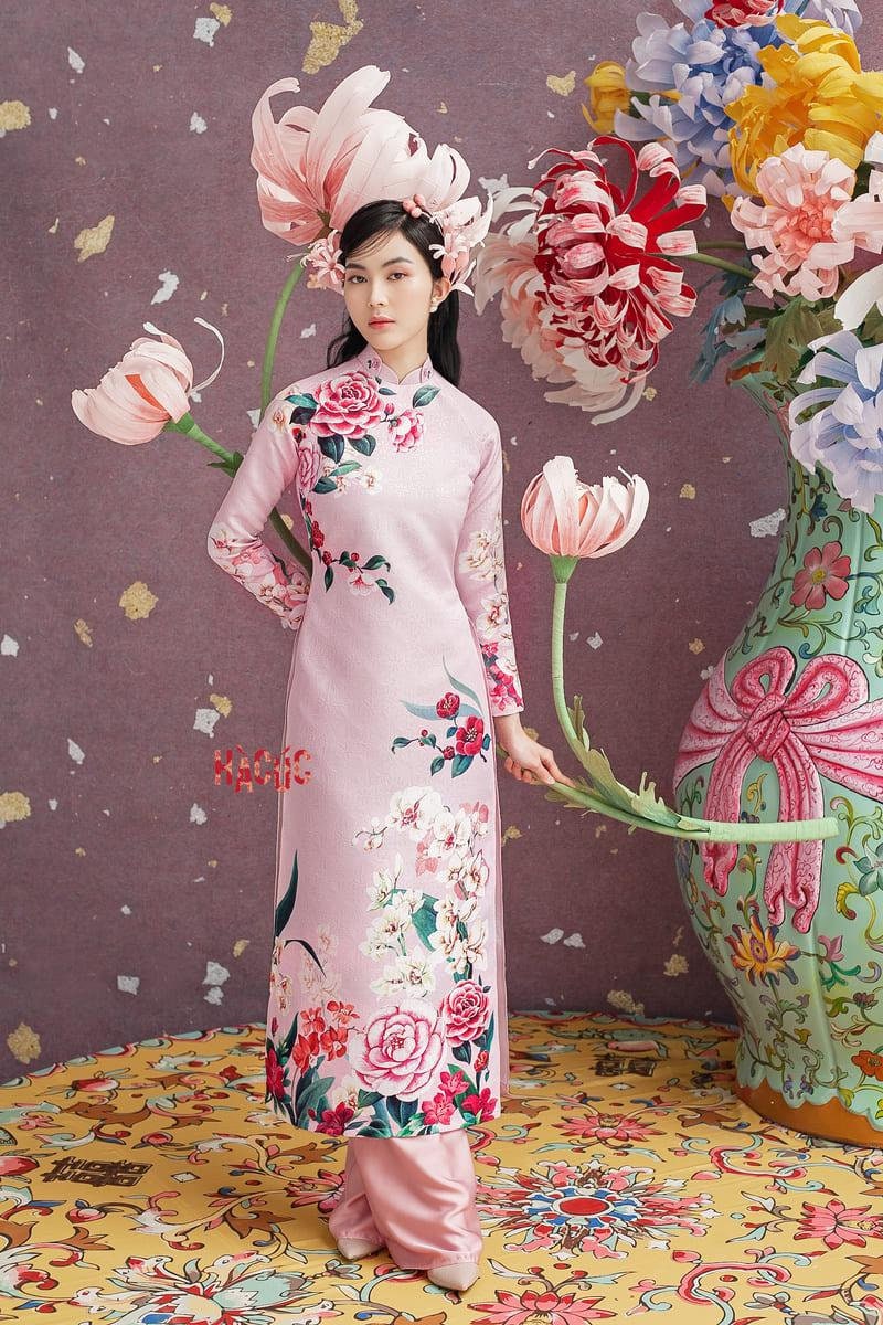 Designer Gam Ao Dai Set: Pink Peonies | Ao Dai Gam | Pre-made Silk Vietnamese Traditional Long Dress | Ao Dai Cach Tan | Lunar New Year