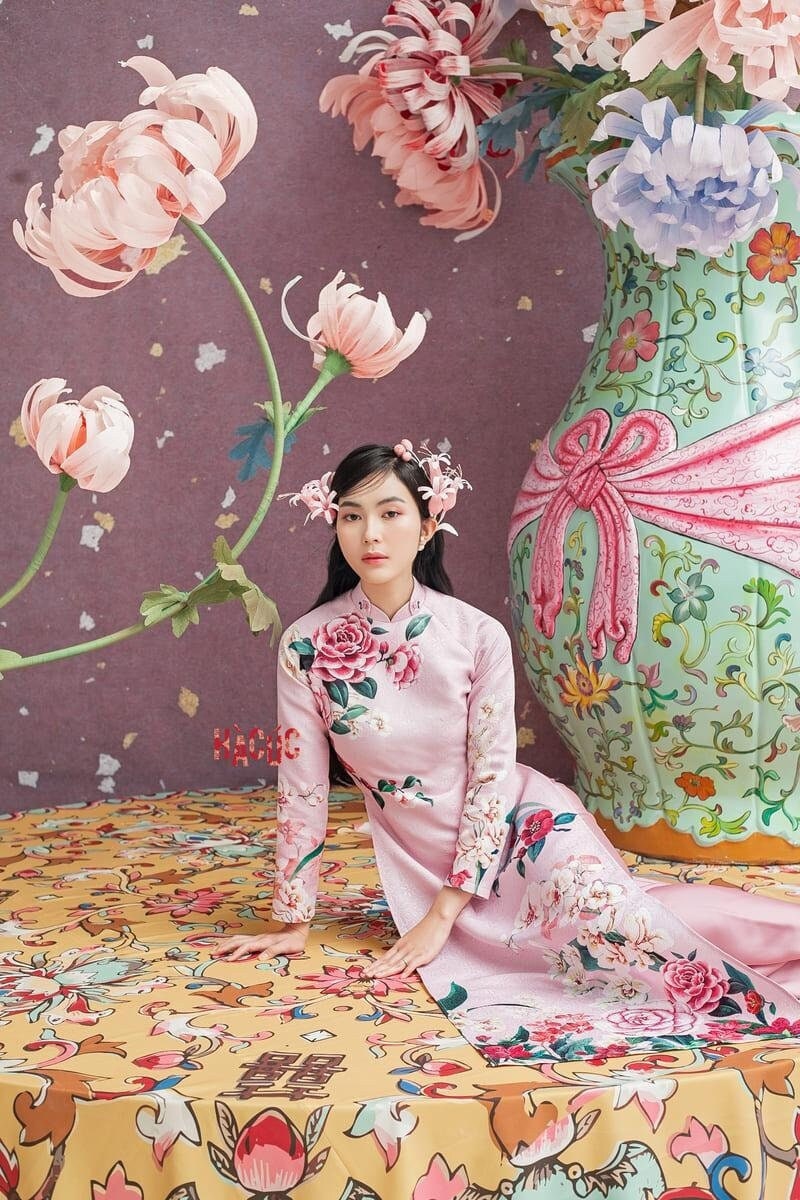 Designer Gam Ao Dai Set: Pink Peonies | Ao Dai Gam | Pre-made Silk Vietnamese Traditional Long Dress | Ao Dai Cach Tan | Lunar New Year
