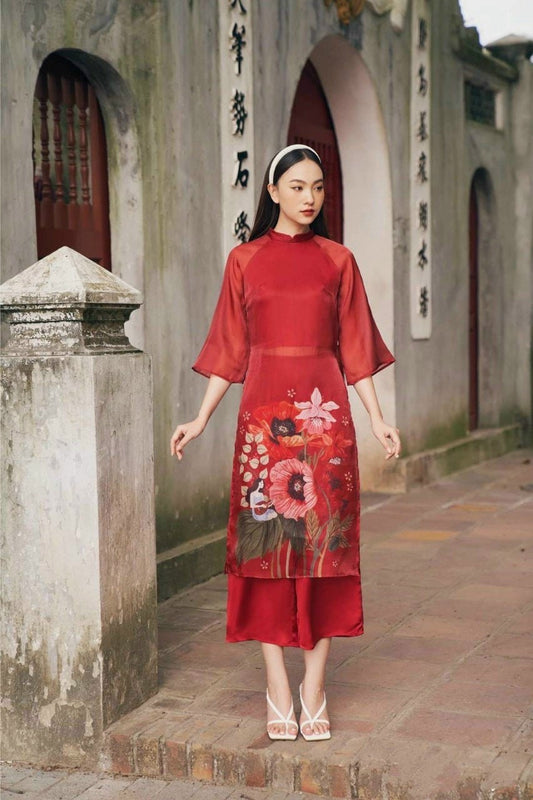 Red Flowers Chiffon Ao Dai Set | 4 Layers-4 Ta | Pre-made Vietnamese Modernized and Traditional Long Dress | Ao Dai Cach Tan