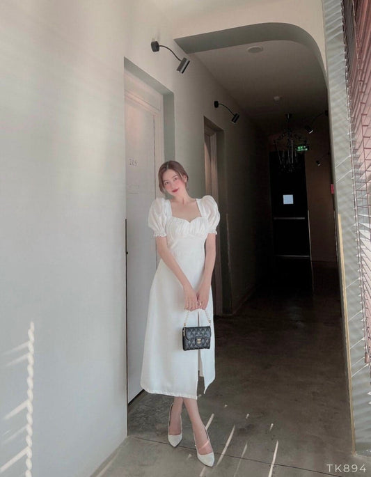 White Midi Slit Dress with Chiffon Details