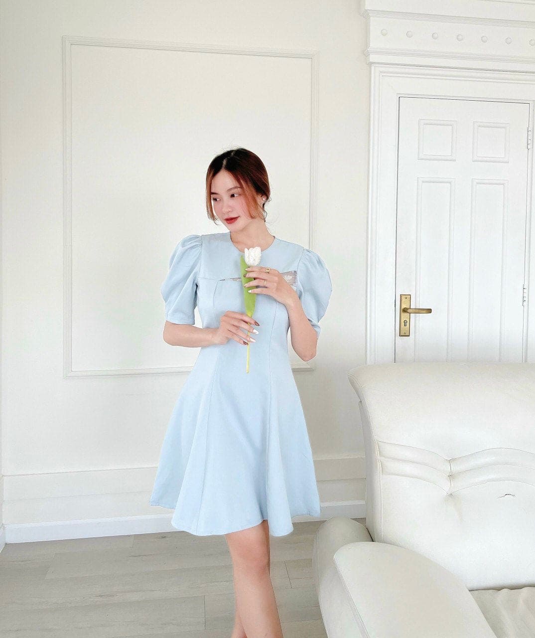 Puffy Sleeve A-Line Dress Mix Lace S Puffy Sleeve A-Line Dress Mix Lace S