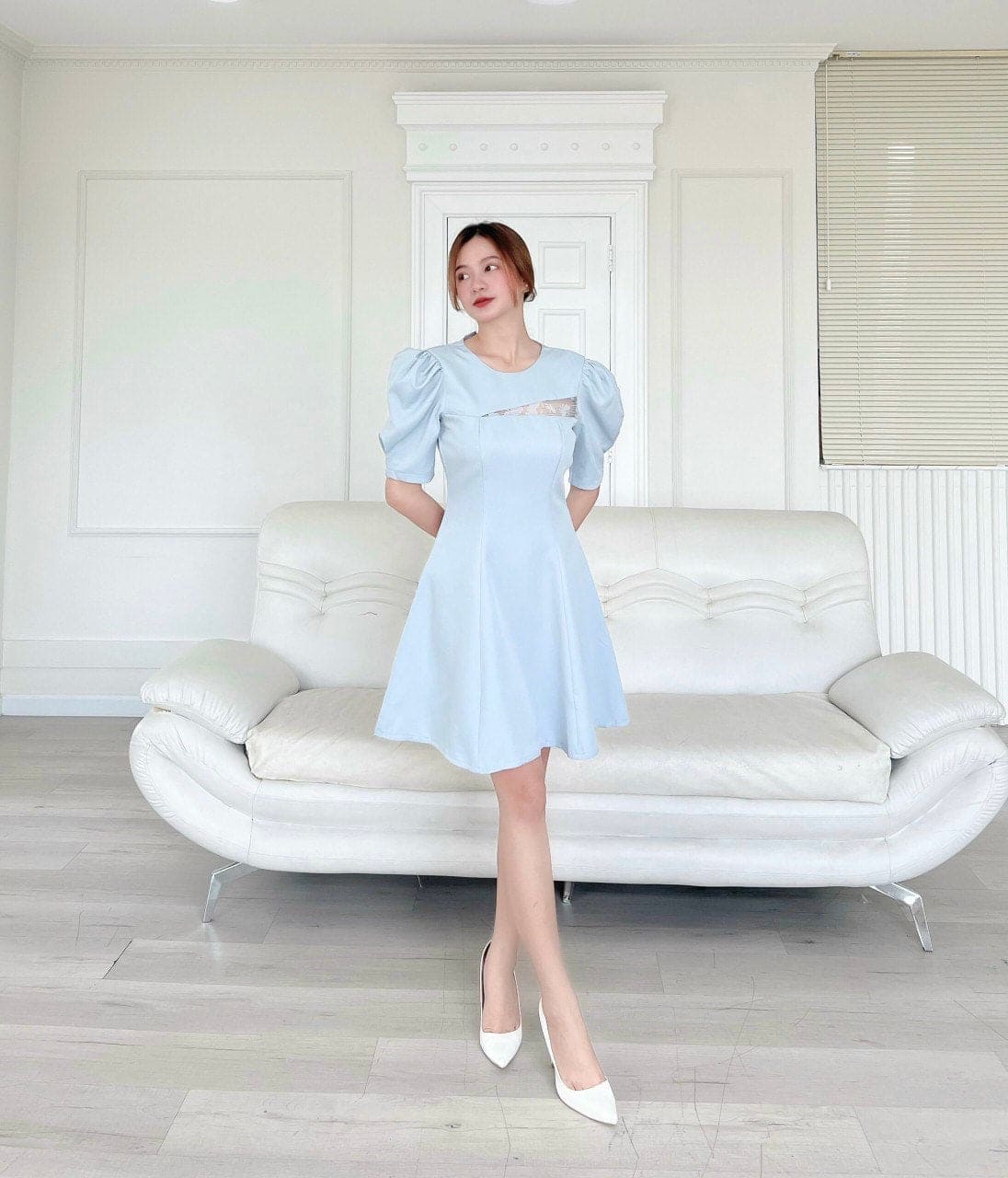 Puffy Sleeve A-Line Dress Mix Lace S Puffy Sleeve A-Line Dress Mix Lace S